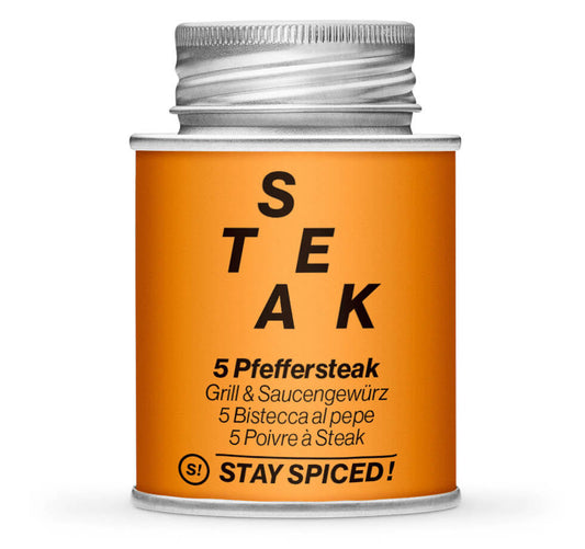 5 Pfeffersteak Grill & Saucengewürz - Geschlossene orange Gewürzdose von STAY SPICED