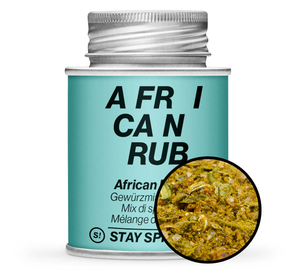 African Rub Gewürzmischung - Hellblaue Gewürzdose mit kleiner runder Gewürz-Vorschau von STAY SPICED! bei Chefkoch-Gewürze