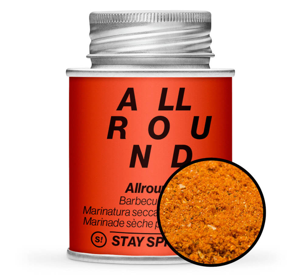 Allround BBQ Rub - Rote Gewürzdose mit kleiner runder Gewürz-Vorschau von STAY SPICED ! bei Chefkoch-Gewürze