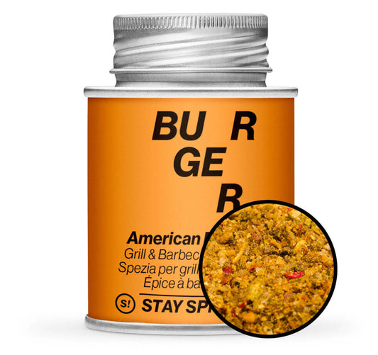 American Burger Fleischgewürz - Orange Gewürzdose mit kleiner runder Gewürz-Vorschau von STAY SPICED ! bei Chefkoch-Gewürze