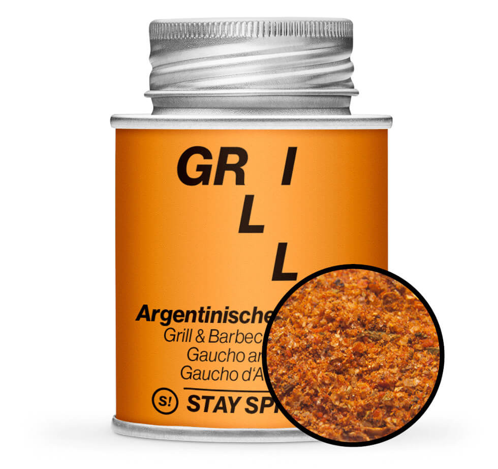 Argentinisches Gaucho Grill & Barbecue Gewürz - Orange Gewürzdose mit kleiner runder Gewürz-Vorschau von STAY SPICED ! bei Chefkoch-Gewürze