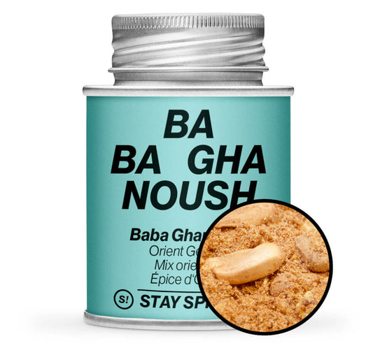 Baba Ghanoush - orientalische Mischung - Hellblaue Gewürzdose mit kleiner runder Gewürz-Vorschau von STAY SPICED ! bei Chefkoch-Gewürze