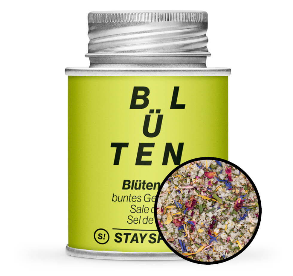 Blütensalz - Hellgrüne Gewürzdose mit kleiner runder Gewürz-Vorschau von STAY SPICED ! bei Chefkoch-Gewürze