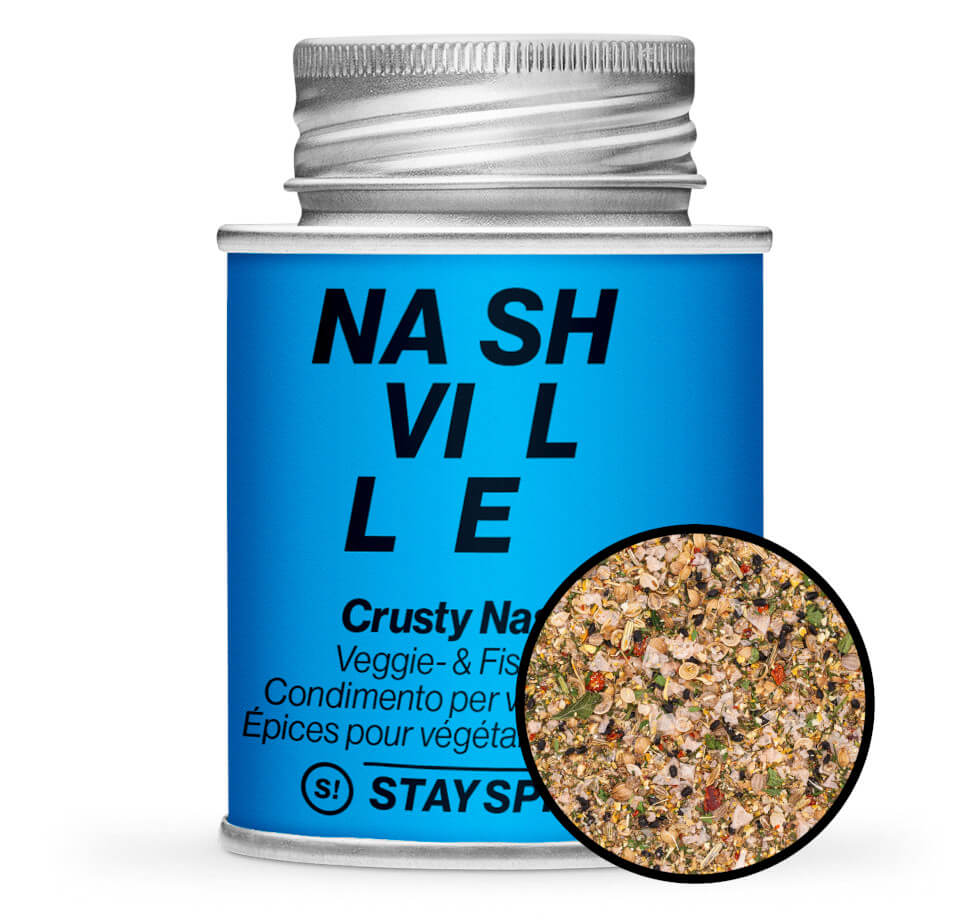 Crusty Nashville Veggie & Fischgewürz - Blaue Gewürzdose mit kleiner runder Gewürz-Vorschau von STAY SPICED ! bei Chefkoch-Gewürze