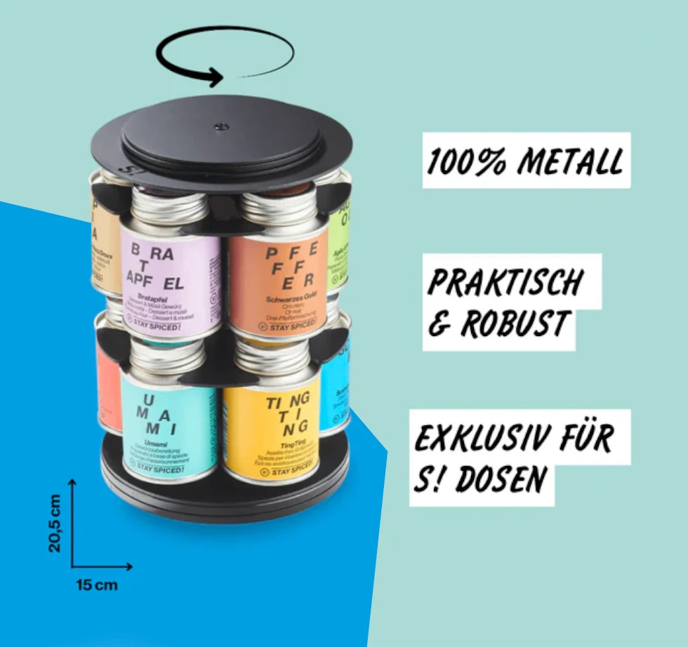 Schwarzes Dreh-Regal bestückt mit Gewürzdosen inklusive Übersicht der Abmessungen und Materialvorteile