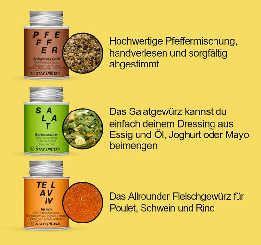 Die STAY SPICED ! Gewürzdosen Schwarzer Pfeffer, Gartenkräuter Salat und Tel Aviv aus dem Erste Wohnung Vorteilsset im Detail