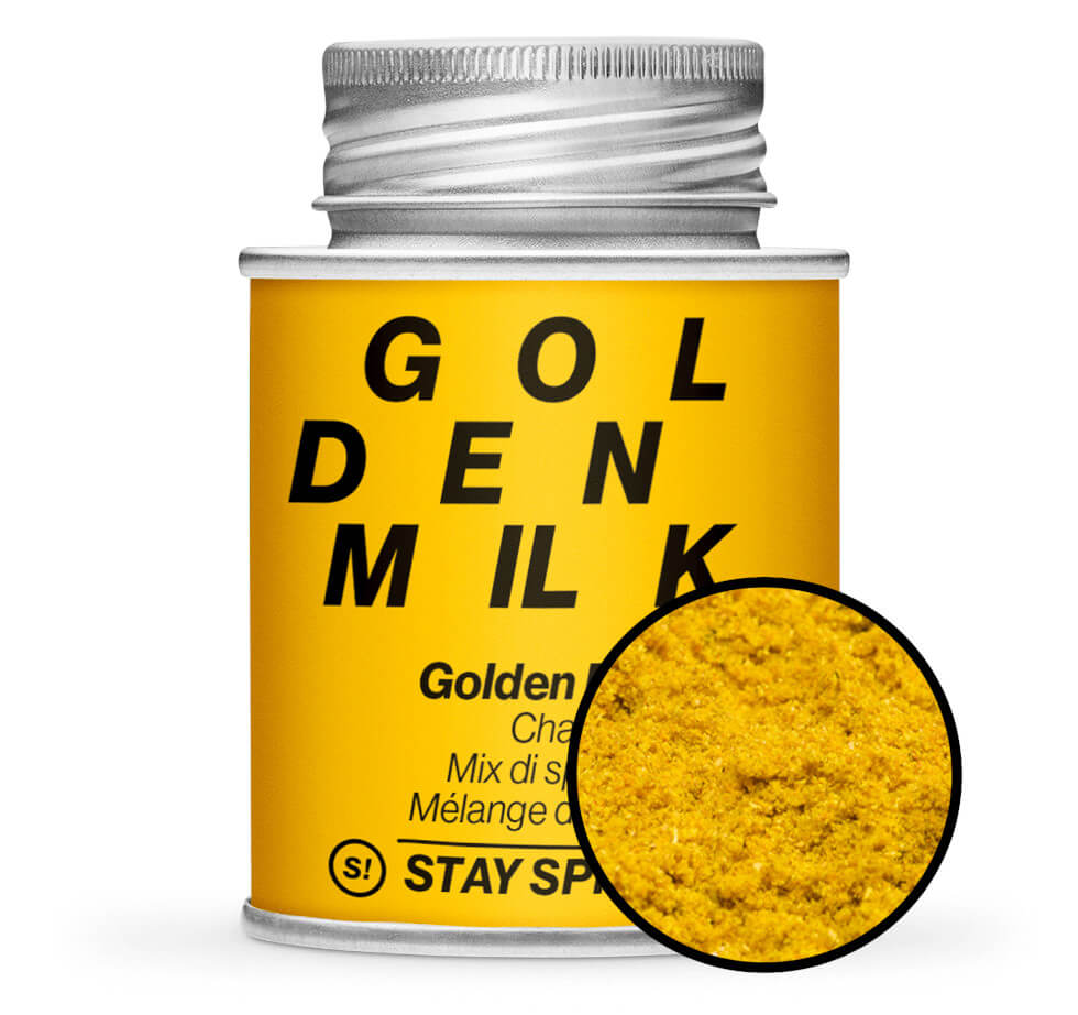 Golden Milk Chai - Gelbe Gewürzdose mit kleiner runder Gewürz-Vorschau von STAY SPICED! bei Chefkoch-Gewürze
