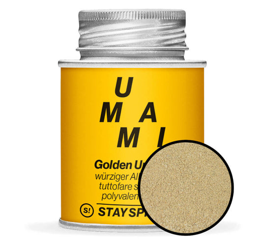 Golden Umami, würziger Allrounder - Gelbe Gewürzdose mit kleiner runder Gewürz-Vorschau von STAY SPICED! bei Chefkoch-Gewürze