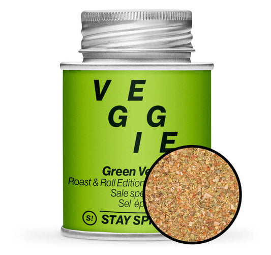Green Vegan Gewürzsalz - Hellgrüne Gewürzdose mit kleiner runder Gewürz-Vorschau von STAY SPICED ! bei Chefkoch-Gewürze
