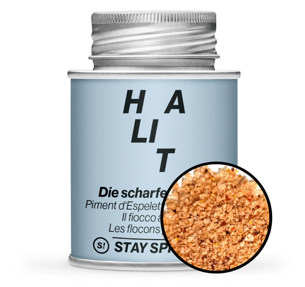 Halit Piment d'Espelette - Hellblaue Gewürzdose mit kleiner runder Gewürz-Vorschau von STAY SPICED! bei Chefkoch-Gewürze