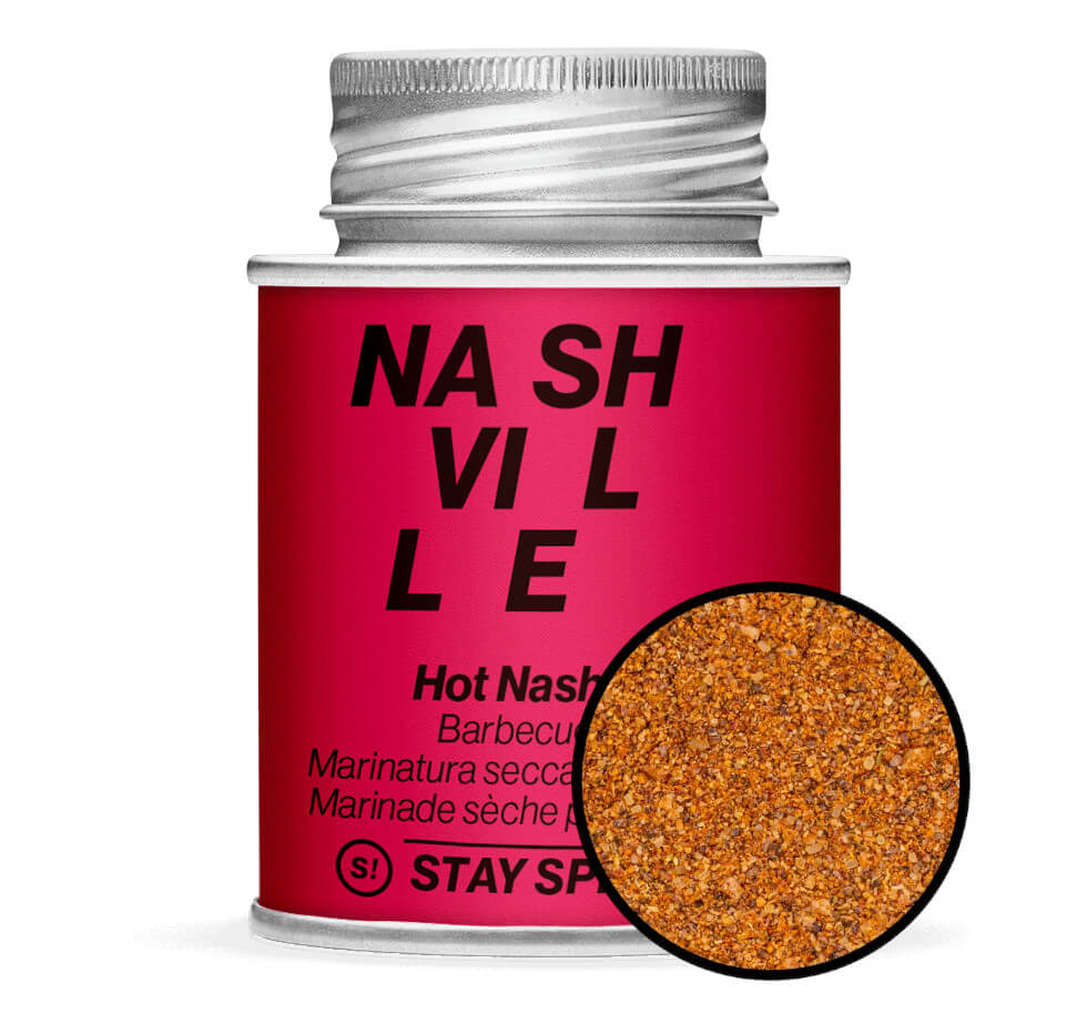 Hot Nashville Barbecue Rub - Pinke Gewürzdose mit kleiner runder Gewürz-Vorschau von STAY SPICED ! bei Chefkoch-Gewürze