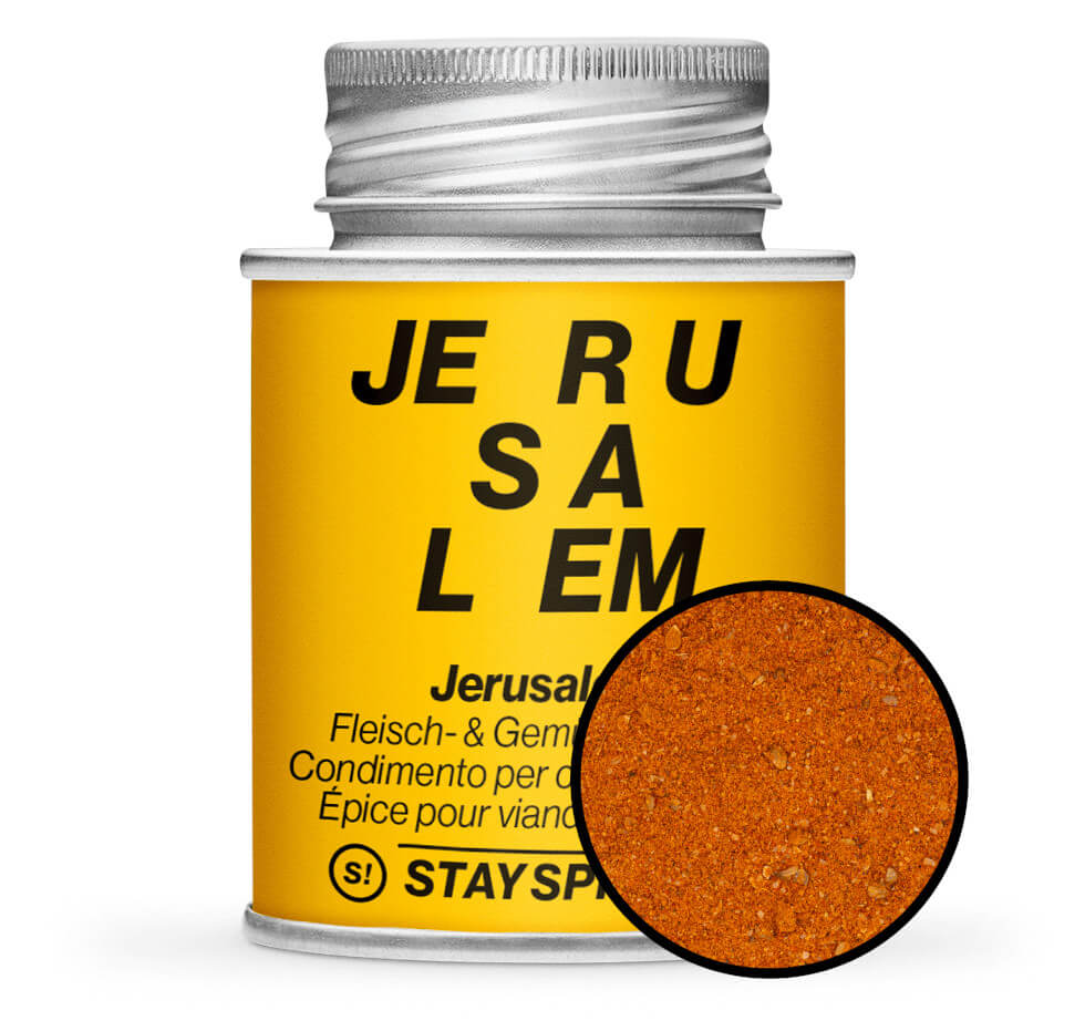 Jerusalem, Fleisch- & Gemüse-Gewürz - Gelbe Gewürzdose mit kleiner runder Gewürz-Vorschau von STAY SPICED ! bei Chefkoch-Gewürze