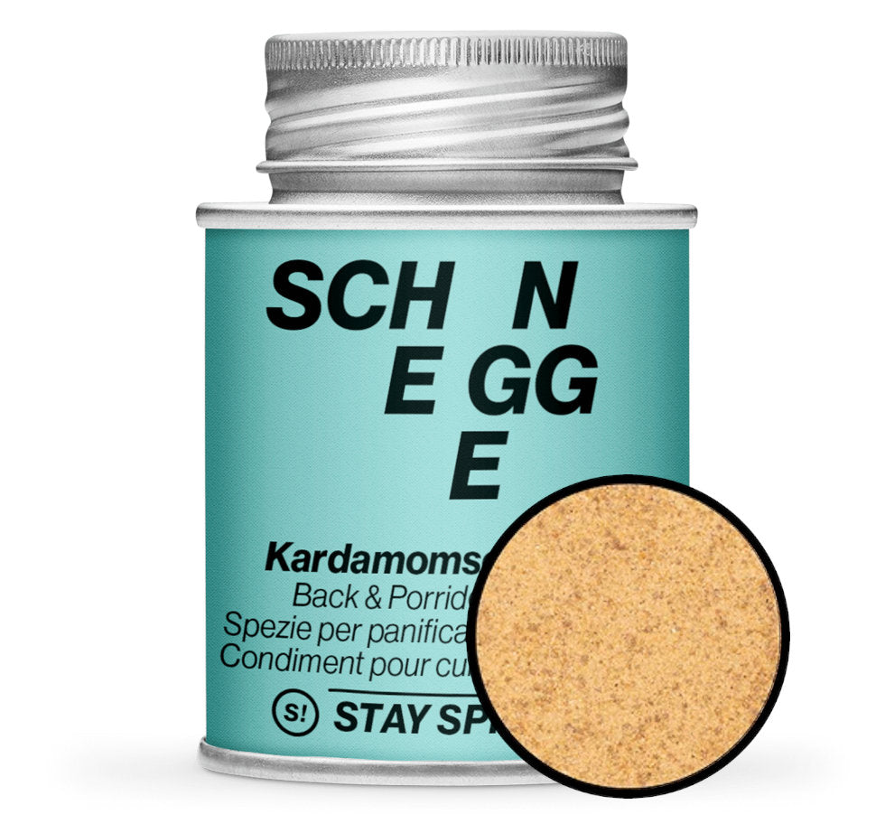 Kardamomschnegge - Hellblaue Gewürzdose mit kleiner runder Gewürz-Vorschau von STAY SPICED! bei Chefkoch-Gewürze