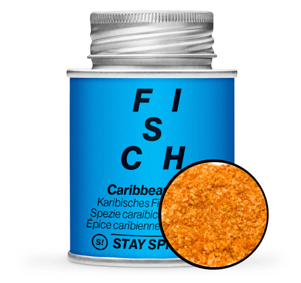 Karibisches Fischgewürz, Caribbean Fish - Blaue Gewürzdose mit kleiner runder Gewürz-Vorschau von STAY SPICED! bei Chefkoch-Gewürze