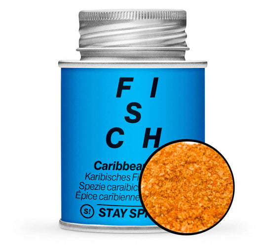 Karibisches Fischgewürz, Caribbean Fish - Blaue Gewürzdose mit kleiner runder Gewürz-Vorschau von STAY SPICED! bei Chefkoch-Gewürze