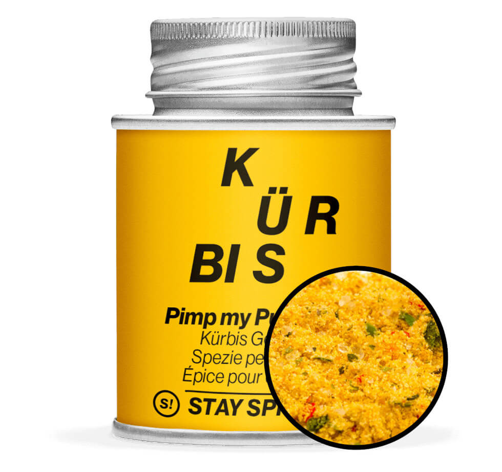 Kürbis Gewürz Pimp my Pumpkin - Gelbe Gewürzdose mit kleiner runder Gewürz-Vorschau von STAY SPICED! bei Chefkoch-Gewürze