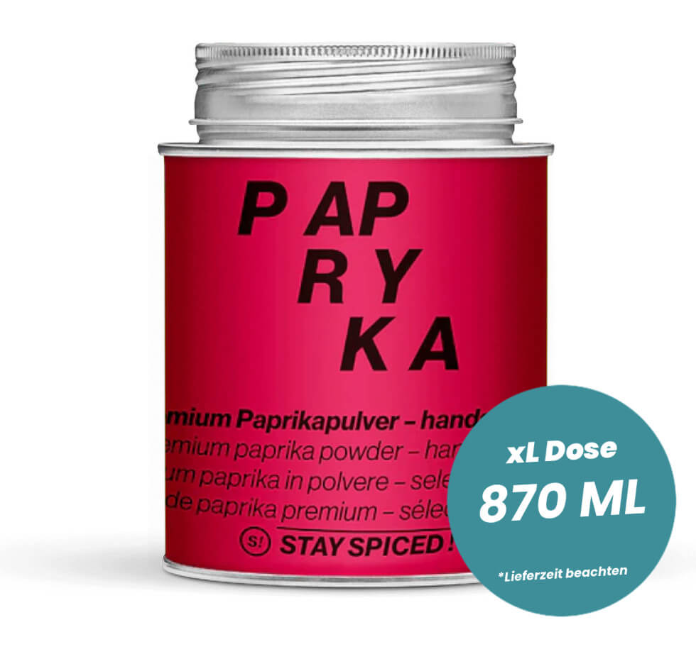 Handselektierter Paprika edelsüss 220 ASTA in der grossen XL-Dose (870ml) von STAY SPICED!