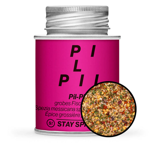 Pil Pil Fischgewürz grob - Pinke Gewürzdose mit kleiner runder Gewürz-Vorschau von STAY SPICED! bei Chefkoch-Gewürze