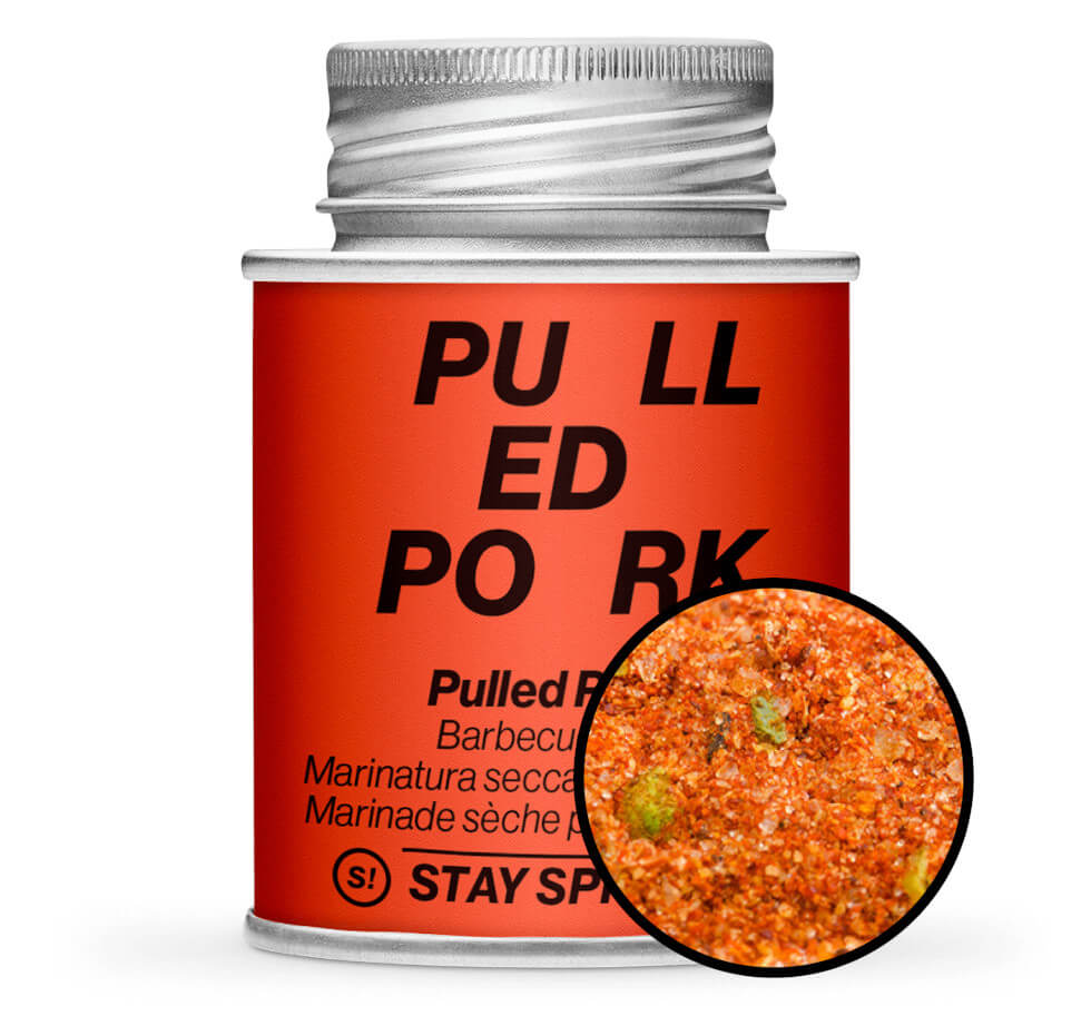 Pulled Pork Barbecue Rub - Rote Gewürzdose mit kleiner runder Gewürz-Vorschau von STAY SPICED ! bei Chefkoch-Gewürze