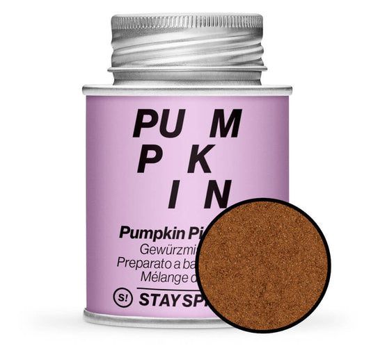 Pumpkin Pie Spice Gewürzmischung - Pinke Gewürzdose mit kleiner runder Gewürz-Vorschau von STAY SPICED! bei Chefkoch-Gewürze