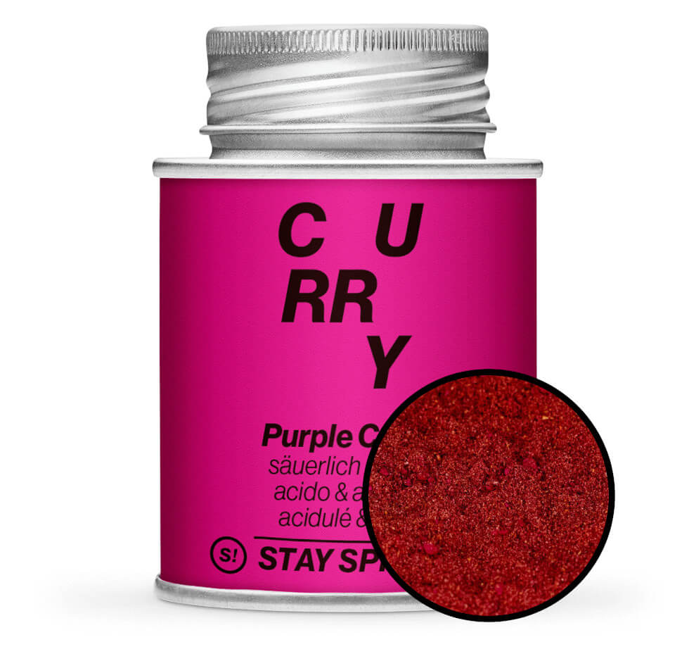 Purple Curry - Lila Gewürzdose mit kleiner runder Gewürz-Vorschau von STAY SPICED! bei Chefkoch-Gewürze