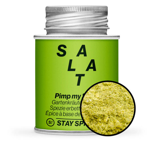 Salat Gartenkräuter Mix fein - Hellgrüne Gewürzdose mit kleiner runder Gewürz-Vorschau von STAY SPICED! bei Chefkoch-Gewürze