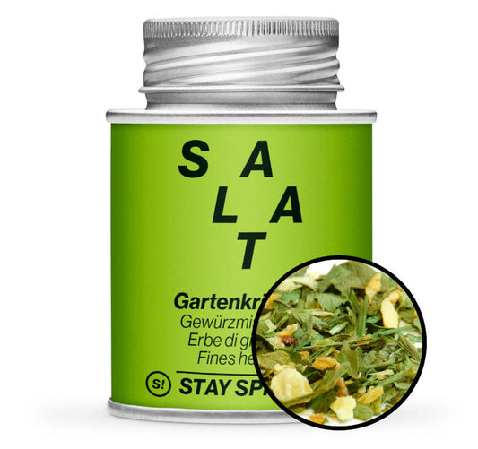 Salat Gartenkräuter Mix salzfrei - Hellgrüne Gewürzdose mit kleiner runder Gewürz-Vorschau von STAY SPICED! bei Chefkoch-Gewürze