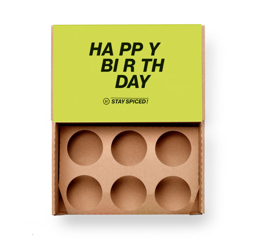 Happy Birthday Gewürzbox Geschenkset für 6 Dosen von Chefkoch-Gewürze (offene Ansicht, unbestückt)