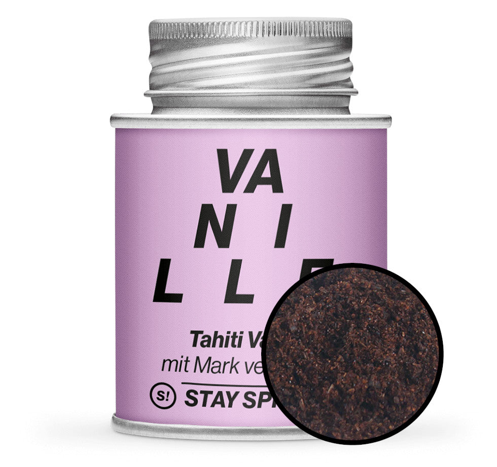 Tahiti Vanille gemahlen - Lila Gewürzdose mit kleiner runder Gewürz-Vorschau von STAY SPICED! bei Chefkoch-Gewürze