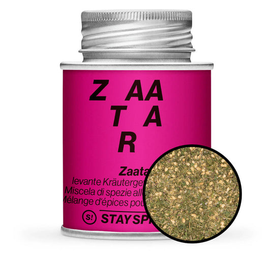 Zaatar Gewürzmischung - Pinke Gewürzdose mit kleiner runder Gewürz-Vorschau von STAY SPICED ! bei Chefkoch-Gewürze