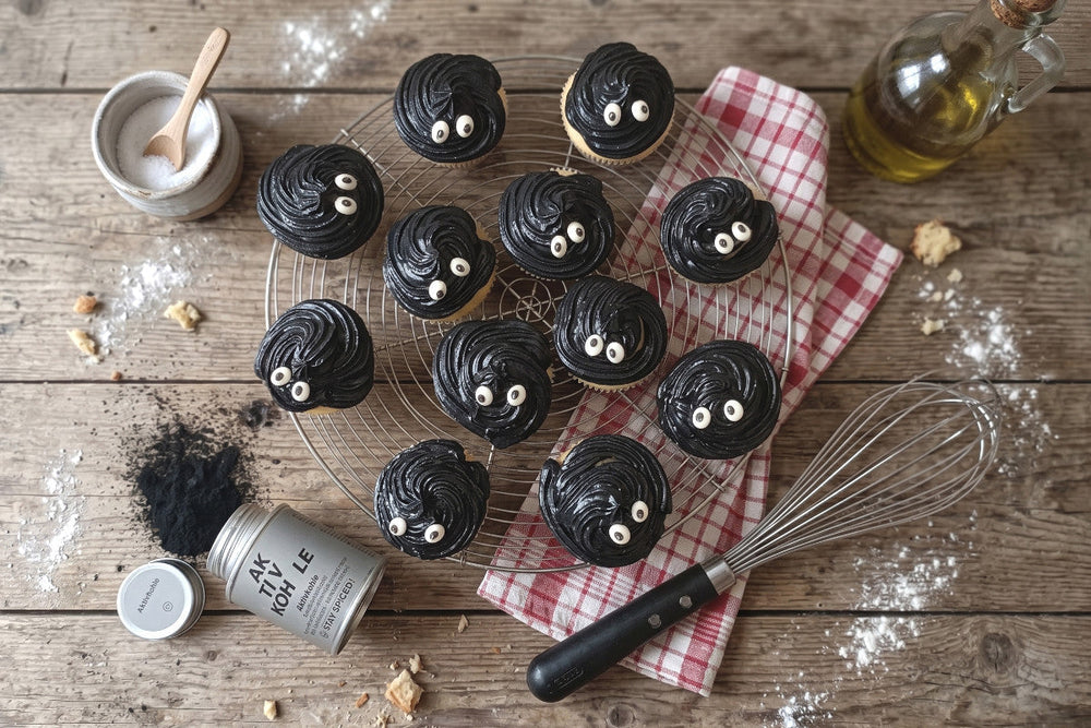 Schwarze Halloween-Muffins mit Zuckeraugen stehen auf einem Kuchengitter, daneben liegen Backzubehör, Mehl und Gewürzdose
