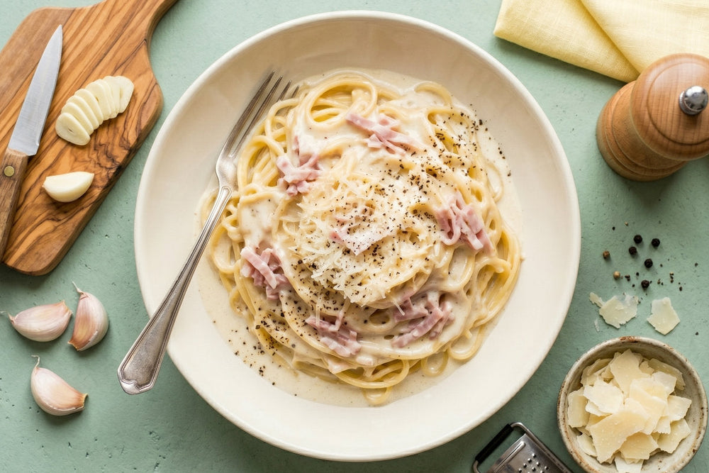 Ein Teller Spaghetti alla Carbonara mit cremiger Sauce, Speck, Parmesan und schwarzem Pfeffer steht neben Knoblauch und Butter