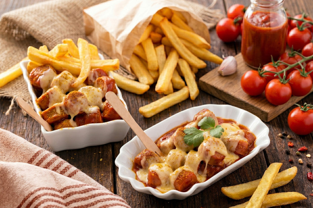 Überbackene Currywurst mit Käse liegt in kleinen Formen, daneben Pommes, Currysauce, Tomaten, Knoblauch und Kräuter