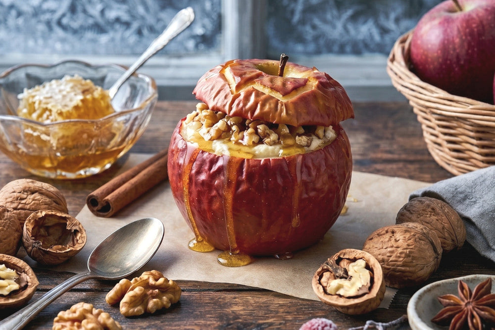 Ein gefüllter Bratapfel mit Pekannüssen und Früchten steht mit Honig, Zimt und Walnüssen auf einem rustikalen Holztisch
