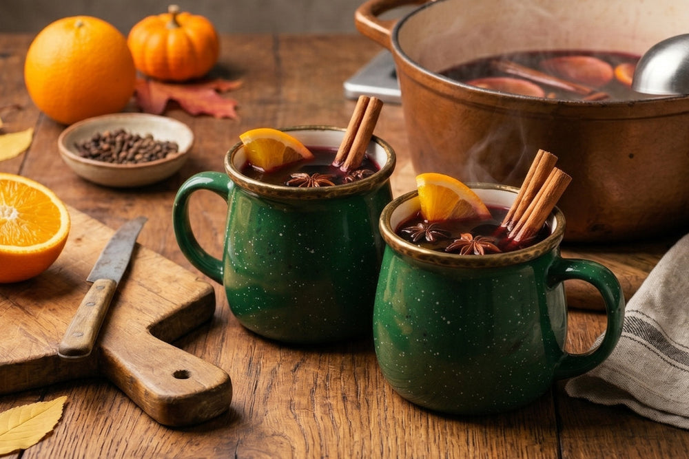 Zwei Tassen Glühwein mit Orange, Zimt und Sternanis stehen neben einem Topf, Gewürzen und Herbstdeko auf einem Holztisch