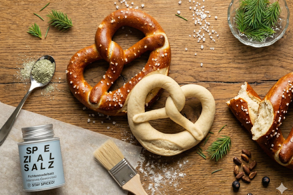 Laugenbrezel und roher Brezelteig liegen mit Fichtennadelsalz, Salz, Pinsel und Tannenzweigen auf einem Holztisch