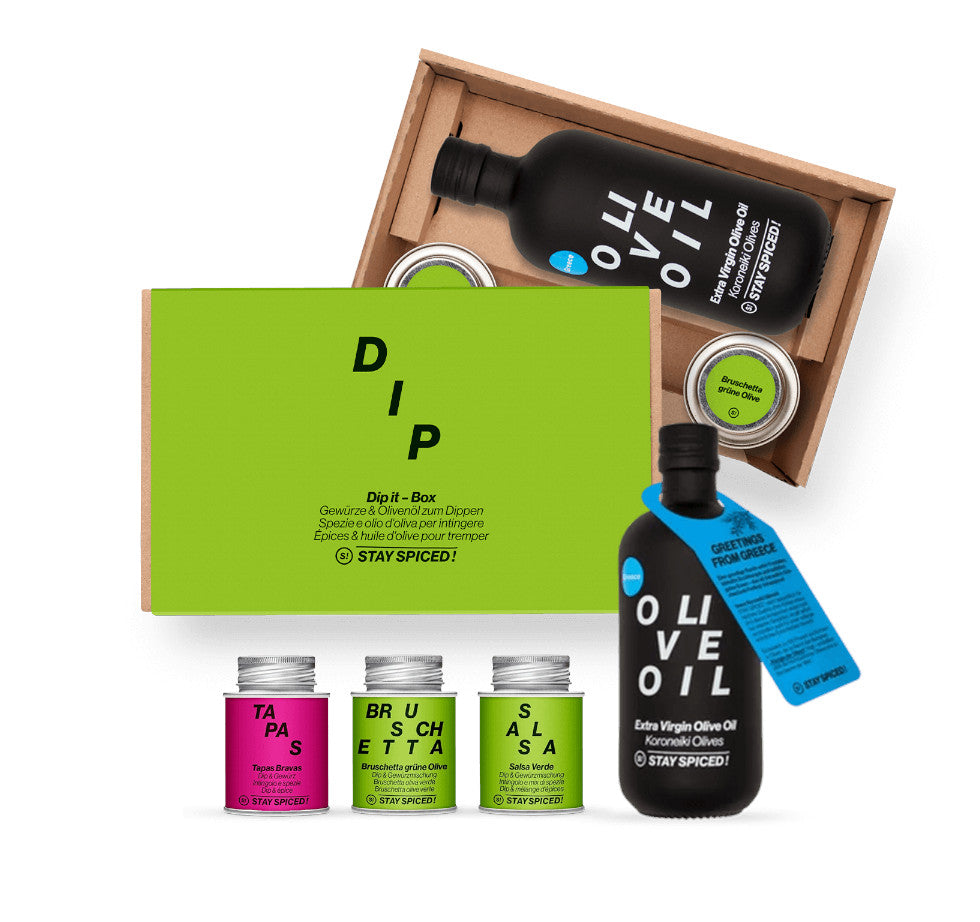 Die DIP IT Geschenkbox von Chefkoch-Gewürze mit drei edlen Gewürzmischungen und hochwertigem Olivenöl