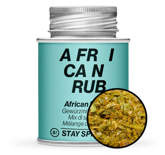 African Rub Gewürzmischung - Hellblaue Gewürzdose mit kleiner runder Gewürz-Vorschau von STAY SPICED! bei Chefkoch-Gewürze