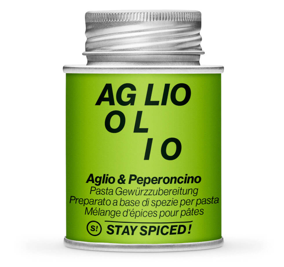 Aglio & Peperoncino Gewürzmischung - Geschlossene hellgrüne Gewürzdose von STAY SPICED!