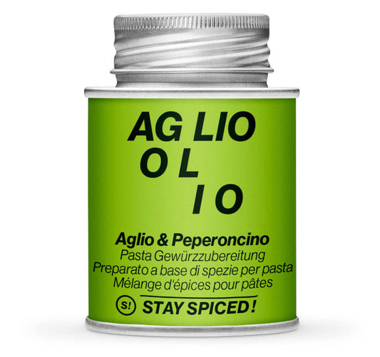 Aglio & Peperoncino Gewürzmischung - Geschlossene hellgrüne Gewürzdose von STAY SPICED!