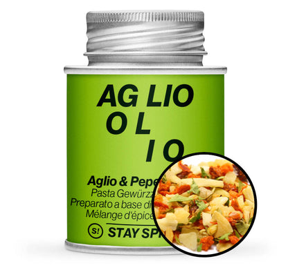 Aglio & Peperoncino Gewürzmischung - Hellgrüne Gewürzdose mit kleiner runder Gewürz-Vorschau von STAY SPICED! bei Chefkoch-Gewürze