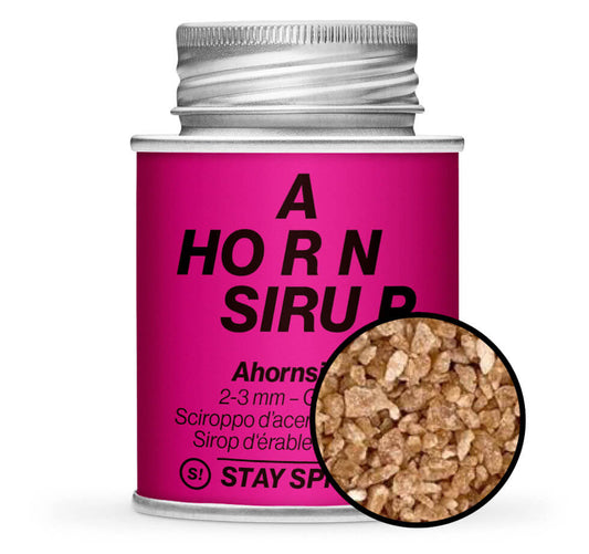 Ahornsirup Granulat - Pinke Gewürzdose mit kleiner runder Gewürz-Vorschau von STAY SPICED! bei Chefkoch-Gewürze
