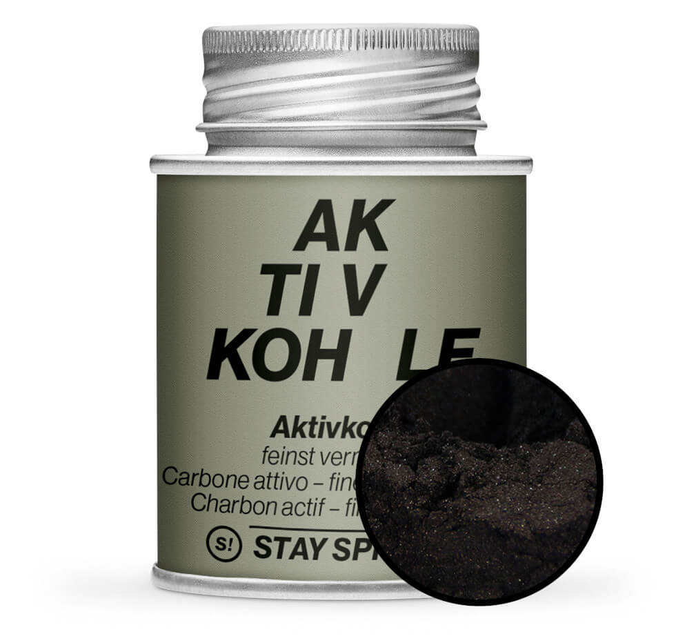 Graue Gewürzdose und Detailausschnitt mit Aktivkohle, Lebensmittelecht von STAY SPICED! bei Chefkoch-Gewürze