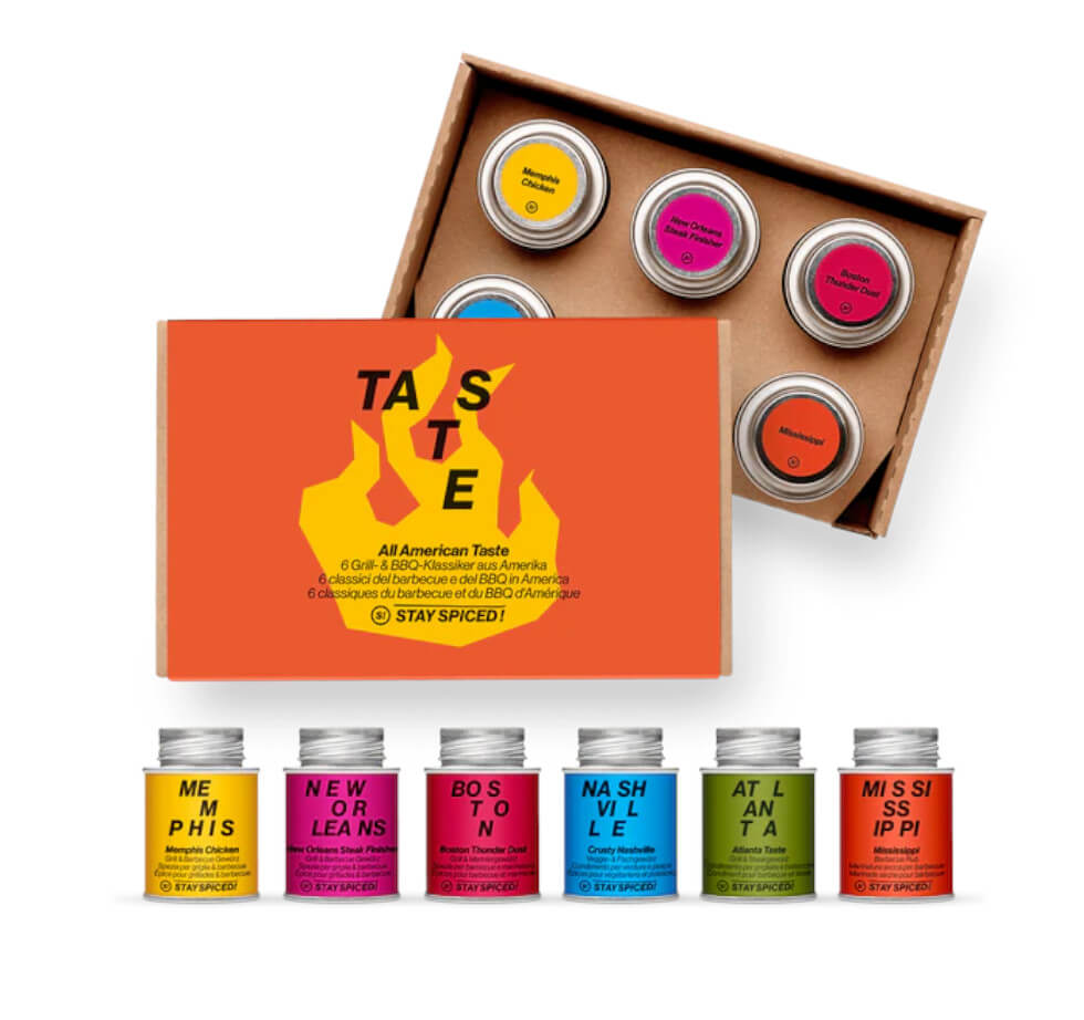 Hochwertige All American Taste Geschenkbox mit sechs ausgewählten STAY SPICED ! BBQ-Rubs für authentischen Grillgenuss