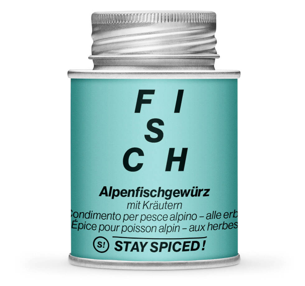 Alpenfischgewürz mit Kräutern - Geschlossene helblaue Gewürzdose von STAY SPICED!