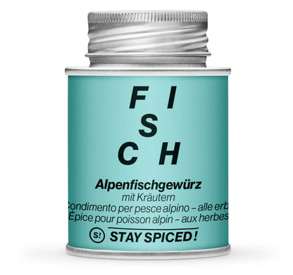 Alpenfischgewürz mit Kräutern - Geschlossene helblaue Gewürzdose von STAY SPICED!