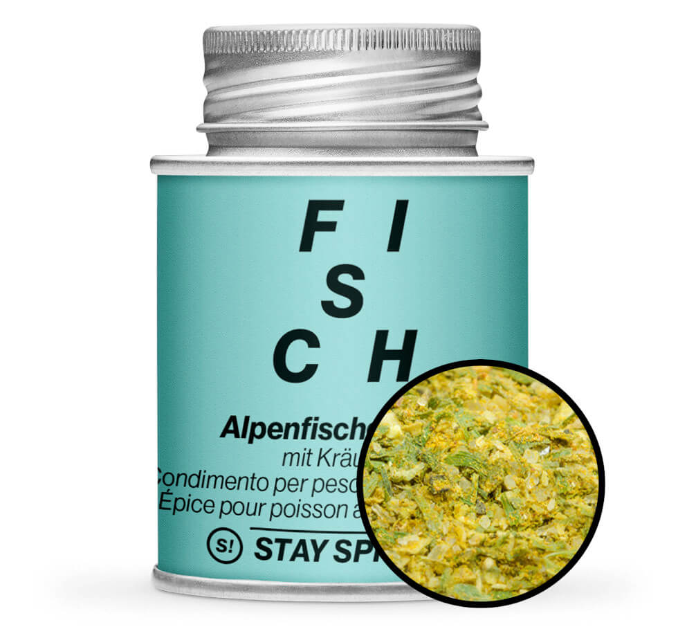 Alpenfischgewürz mit Kräutern - hellblaue Gewürzdose mit kleiner runder Gewürz-Vorschau von STAY SPICED! bei Chefkoch-Gewürze