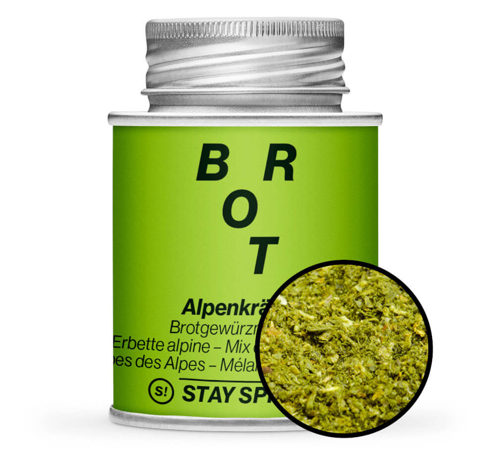 Alpenkräuter Brot Mischung - Hellgrüne Gewürzdose mit kleiner runder Gewürz-Vorschau von STAY SPICED! bei Chefkoch-Gewürze