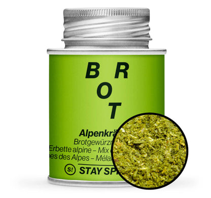 Alpenkräuter Brot Mischung - Hellgrüne Gewürzdose mit kleiner runder Gewürz-Vorschau von STAY SPICED! bei Chefkoch-Gewürze