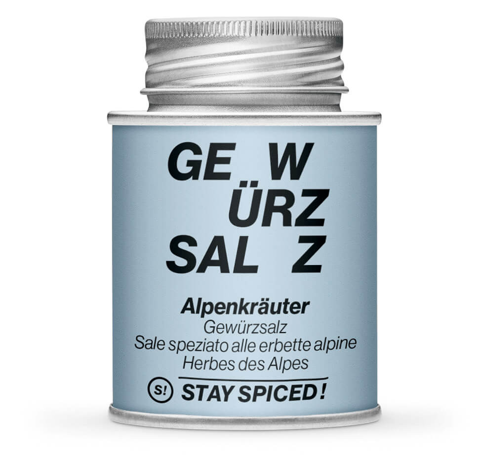 Alpenkräuter Gewürzsalz - Geschlossene hellblaue Gewürzdose von STAY SPICED